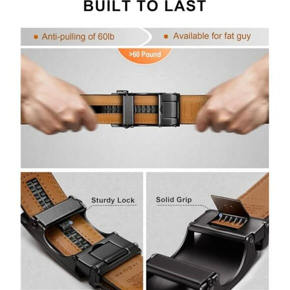 Mens Leather Ratchet Belt Adjustable Slide Buckle Dress Casual Belt 2 Pack - Picture 5 of 7